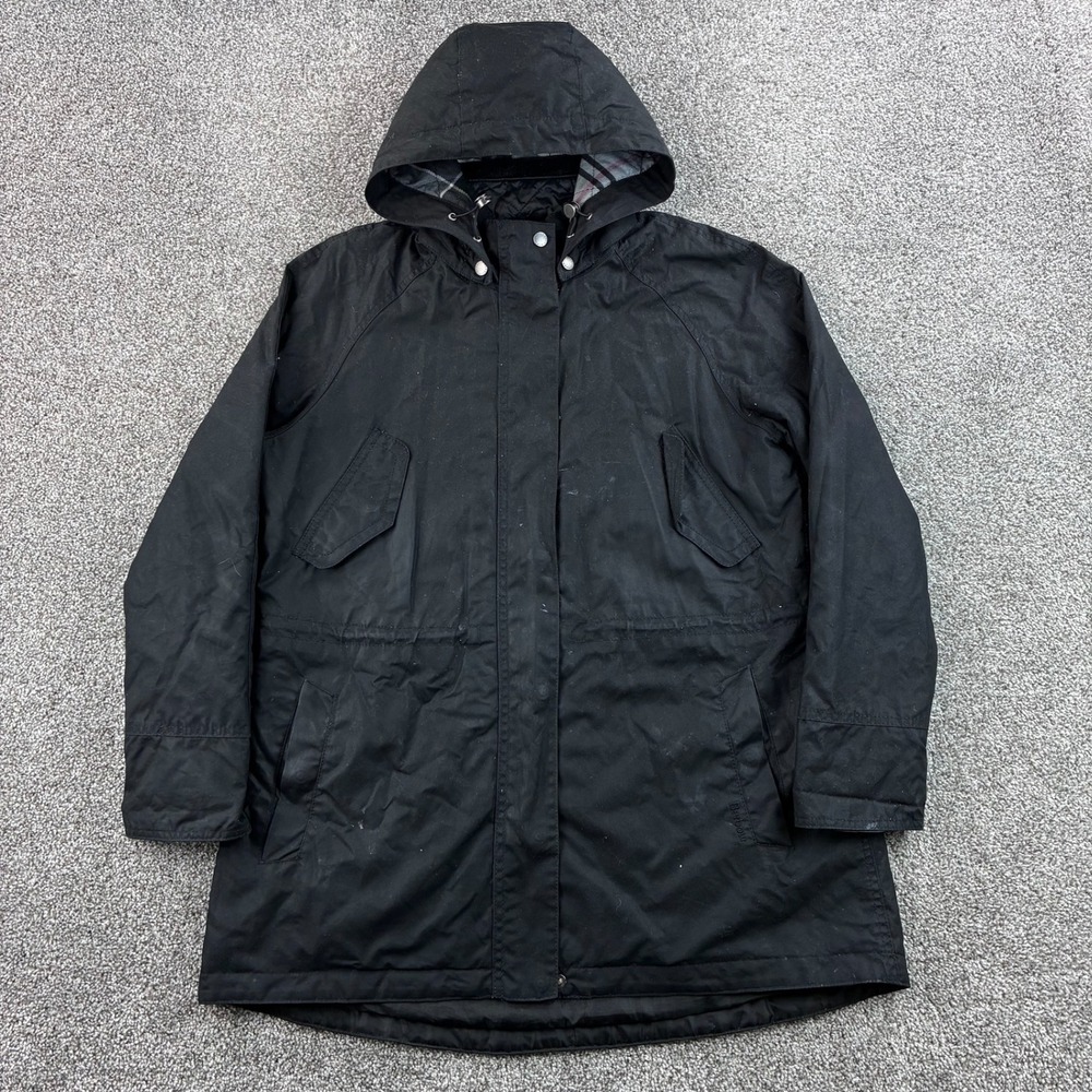 Barbour Heath Waxed Cotton Jacket Women's 12 Black Tartan Lined Hooded Parka